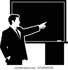 Flat black and white vector illustration of a teacher pointing at a blackboard. Isolated on white background, perfect for education.