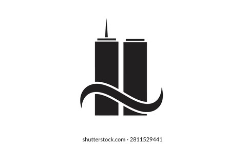 A flat black and white vector illustration of two tall rectangular buildings representing twin towers with a stylized wave curve across the base.