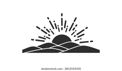 A flat black and white vector illustration of a sunrise over stylized rolling hills with radiating sun rays
