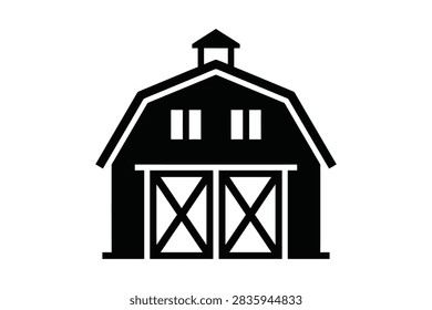 A flat black and white vector illustration of a traditional farmhouse barn with large double doors and a small roof cupola.