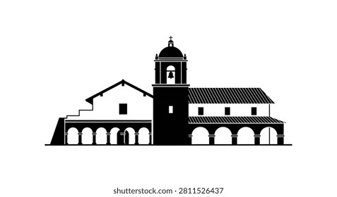 A flat black and white vector silhouette graphic representing a traditional Spanish colonial mission church with a bell tower and arched colonnades