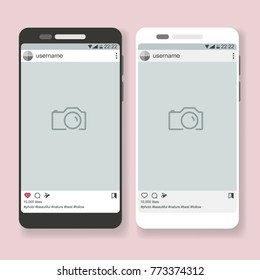 Flat black and white vector smartphone and open social app with post place for photo, phone mockup template for image design, banner, web