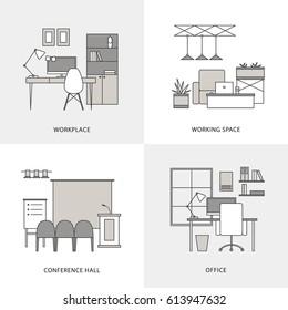 Flat Black And White Working Place Icons. Modern Office, Work Space, Co Working, Coffee Shop, Conference Hall Interior Design. Vector Isolated Outline Illustrations. 