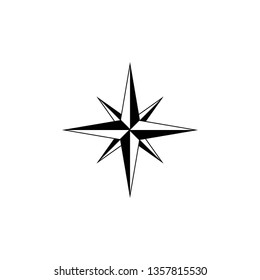 flat black windrose icon isolated on white. compass traveler sign. Vector flat illustration. Orientation and navigation symbol. Old retro tool. Journey, adventure symbol. Seach and find. Hint, help