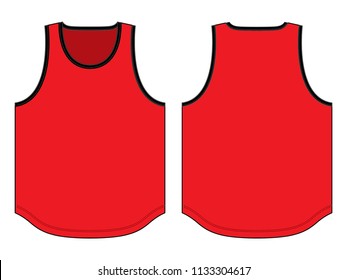 Flat Blank Red Tank Top With Black Edging And Curved Hem Vector For Template.Front And Back View.