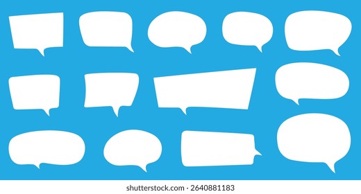 Flat blank white speech bubble stickers set. Comic cartoon style dialog clouds for text, messages, comments, thoughts, and sounds. Vector illustration for chat, pop art, and communication design.