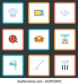 Flat Blender, Silverware, Broth And Other Vector Elements. Set Of Food Flat Symbols Also Includes Scales, Beater, Soup Objects.