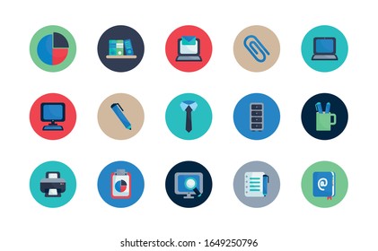 Flat block style icon set design, Office object workforce corporate job work occupation and communication theme Vector illustration