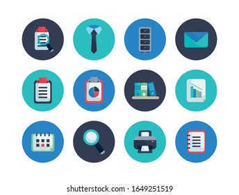 Flat block style icon set design, Office object workforce corporate job work occupation and communication theme Vector illustration