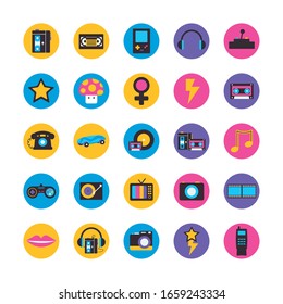 flat block style icon set design, retro leisure technology entertainment obsession digital and lifestyle theme Vector illustration