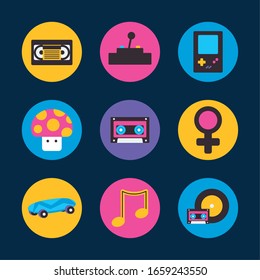 flat block style icon set design, retro leisure technology entertainment obsession digital and lifestyle theme Vector illustration