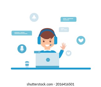 Bloguero plano para el diseño conceptual. Estilo de caricatura plano. Tecnologías de Internet.