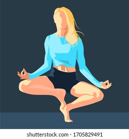 Rubia plana haciendo yoga en una blusa azul