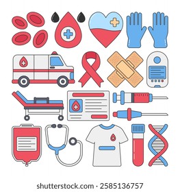 Flat blood donation icons featuring medical tools, blood bags, syringes, DNA, and ambulances. Perfect for healthcare, medical infographics, and donation campaigns. Clean and modern design