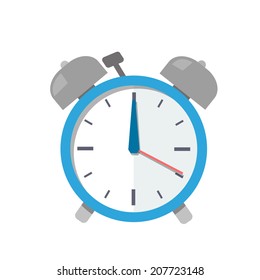 Flat blue alarm clock isolated in white background. Vector illustration