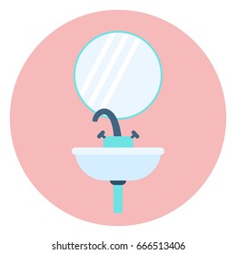 Flat blue bath sink with tap and mirror, handbasin with basin tap. Isolated vector bathroom equipment