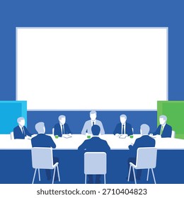 Ilustración vectorial de reuniones de negocios azul plana con profesionales discutiendo en una sala de juntas moderna con una pantalla Grande, adecuada para temas corporativos.
