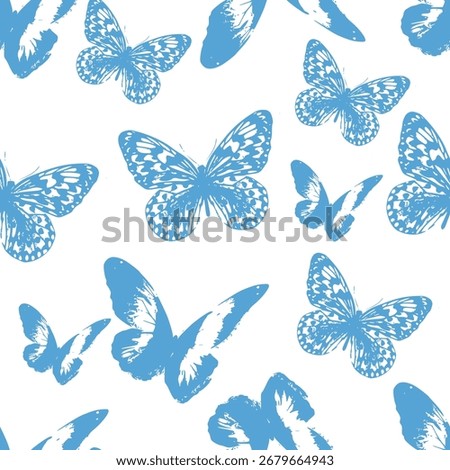 flat Blue Butterfly Seamless Pattern on White Background