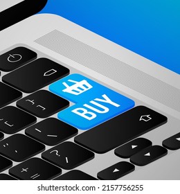 Flat blue buy button on red background. Online shop. 3d icon