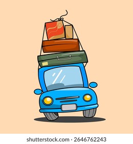 Flat blue cartoon car with overloaded roof is going on vacation