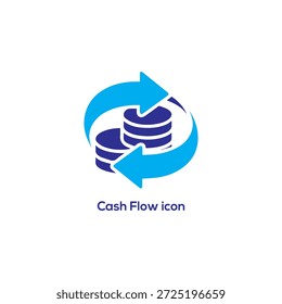 A flat blue cash flow icon with arrows around coin stacks, representing money circulation, revenue forecast, finance management concept

