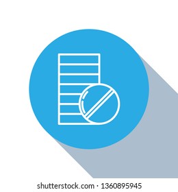 Flat blue circle illustration with long shadow Pills vector icon. Medical and HealthCare Symbol