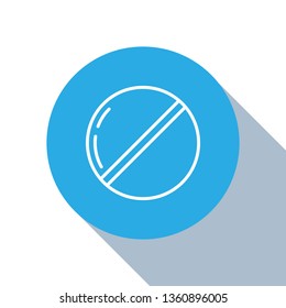 Flat blue circle illustration with long shadow Pills vector icon. Medical and HealthCare Symbol
