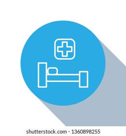 Flat blue circle illustration with long shadow Hospital bed icon. Healthcare symbol