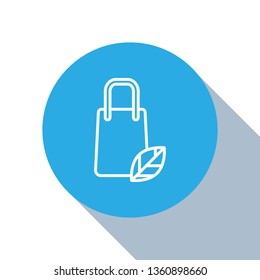 Flat blue circle illustration with long shadow Eco Fabric Cloth Bag Icon. Care about the Environment.