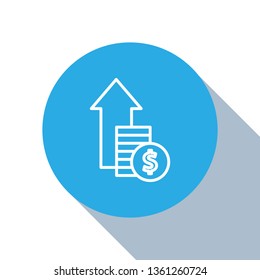 Flat blue circle illustration with long shadow Financial growth icon. Financial business progress arrow up and sign dollar icon