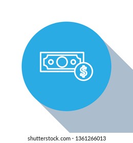 Flat blue circle illustration with long shadow Simple Money icon. Dollar icon.