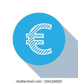 Flat blue circle illustration with long shadow Euro single icon. Currency