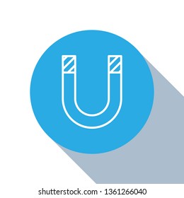 Flat blue circle illustration with long shadow Magnet icon. Horseshoe magnet, magnetism, magnetize, attraction.