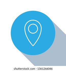 Flat blue circle illustration with long shadow Maps pin. Location pin. Location map icon.