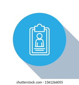 Flat blue circle illustration with long shadow Summary concept icon, creative writing, short story telling, highlight information, essay research, school education logo, brief text review