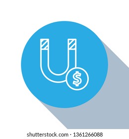 Flat blue circle illustration with long shadow Magnet attract money concept