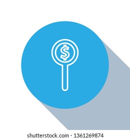 Flat blue circle illustration with long shadow Money search logo - currency and dollar sign. Finance tool