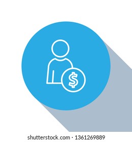 Flat blue circle illustration with long shadow Businessman line icon with dollar sign