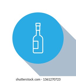 Flat blue circle illustration with long shadow Bottle of wine icon. Alcohol concept