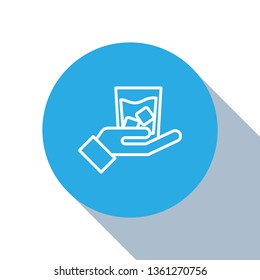 Flat blue circle illustration with long shadow Whiskey in the glass with ice cubes icon.