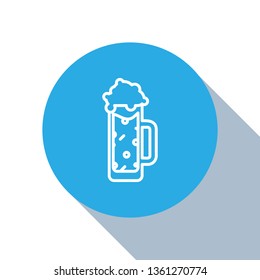 Flat blue circle illustration with long shadow Beer icon. Beer glass symbol for your web site design