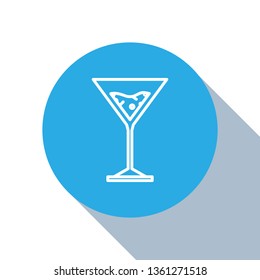Flat blue circle illustration with long shadow Martini cocktail glass icon. Drink concept