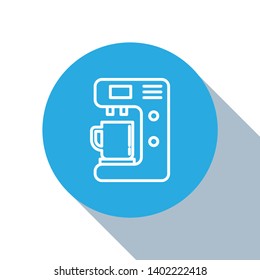 Flat blue circle illustration with long shadow Coffee machine, coffee maker symbol