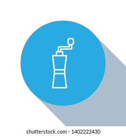 Flat blue circle illustration with long shadow Grinder icon vector. Coffee time