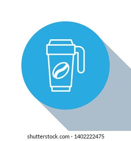 Flat blue circle illustration with long shadow Thermocup for coffee. Coffee time