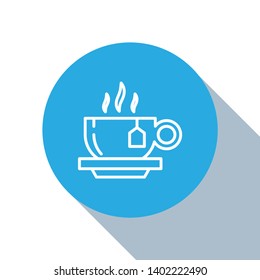 Flat blue circle illustration with long shadow Cup of Tea Vector Icon for mobile app, website or desktop app