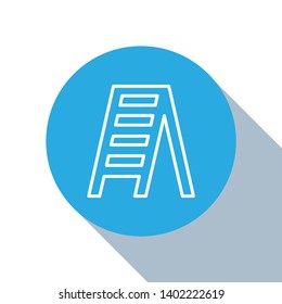 Flat blue circle illustration with long shadow Stepladder icon. Construction ladder