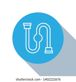 Flat blue circle illustration with long shadow Trumpet icon. One of Construction Material