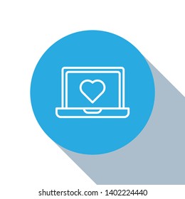 Flat blue circle illustration with long shadow Laptop with heart icon