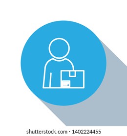 Flat blue circle illustration with long shadow Deliveryman, service, box, worker, deliver concept